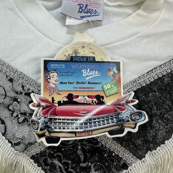 Vintage 90s Sweatshirt White Fringe Lace Half Dolman Made in USA Deadstock - Picture 6 of 13